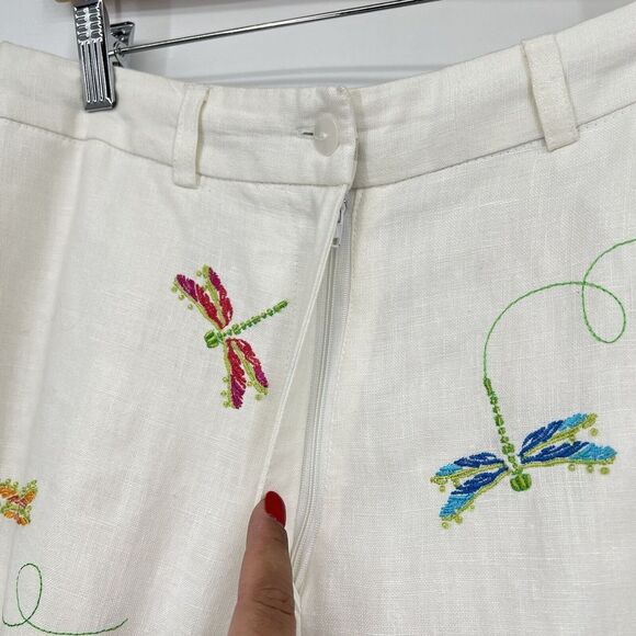 Paraphrase Womens 6 Dragonfly Embroidered Cropped White Lined Linen Pants Boho - Picture 5 of 11